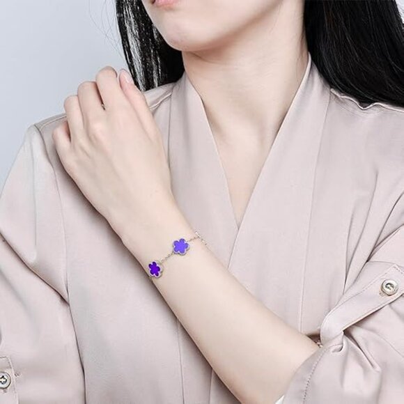 Neiman Marcus Stainless Steel Obsidian Purple Clover Bracelet - Picture 1 of 4